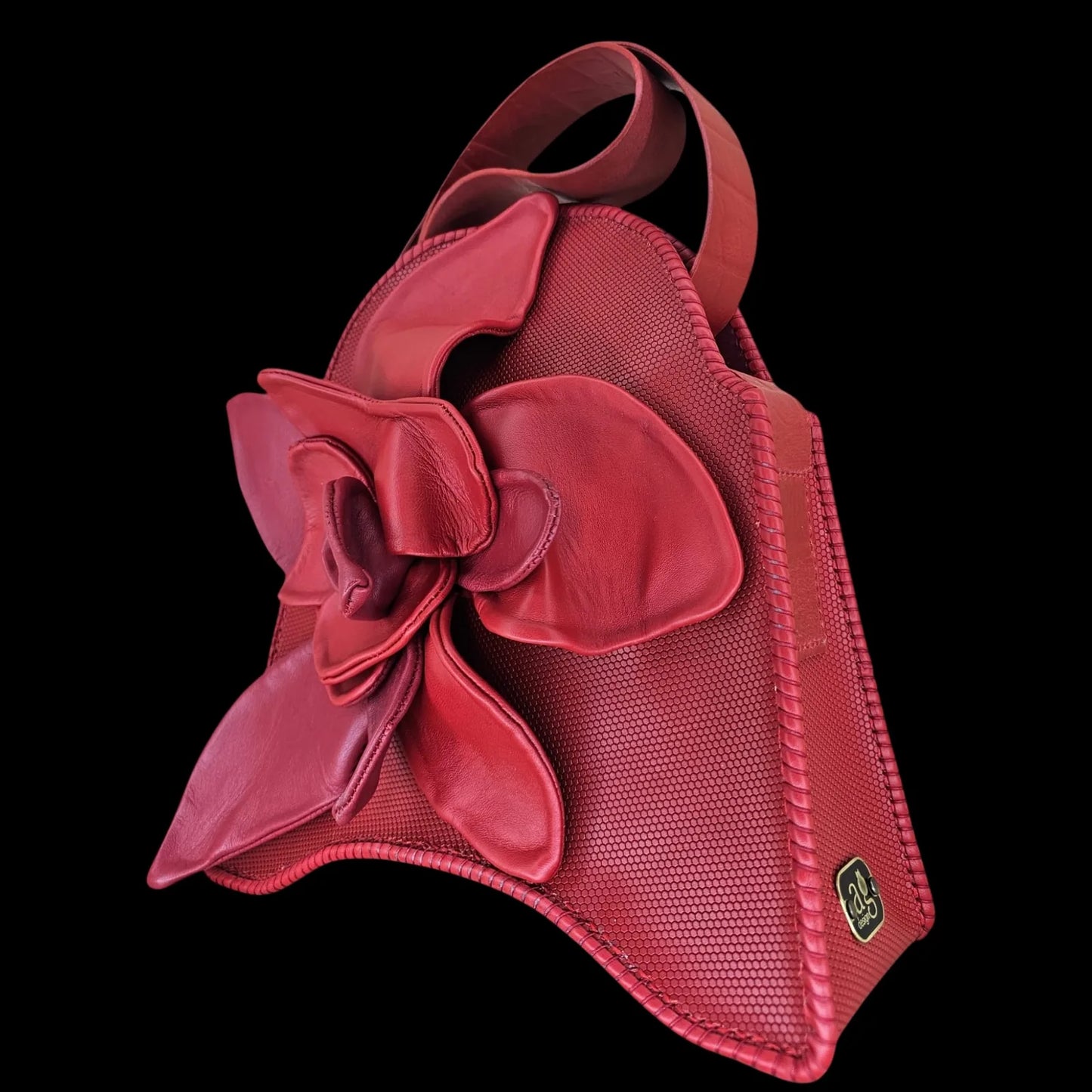 Handmade red leather shoulder bag with a large sculpted 3D leather flower in red-purple tones - AG Design, Arad, Romania