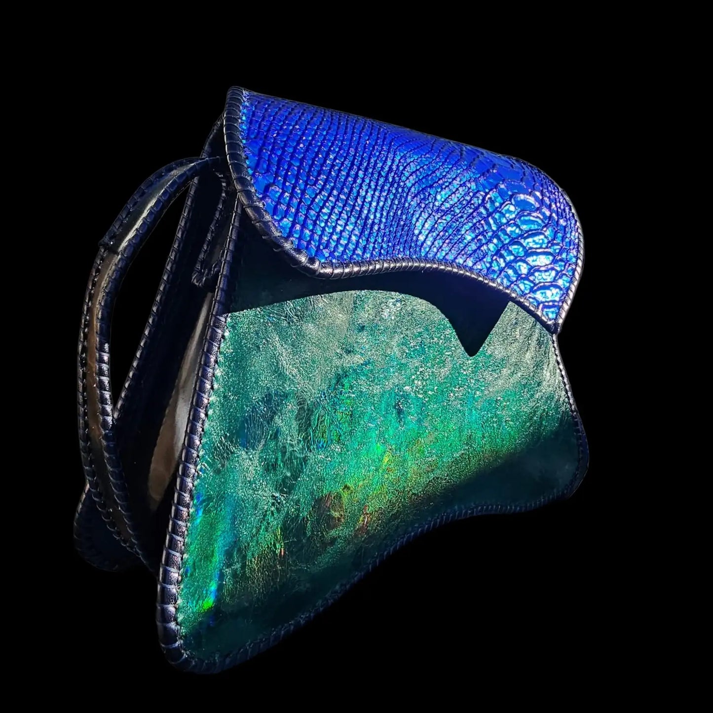 Handmade blue-green iridescent leather bag with a sculptural shape - AG Design, Arad, Romania