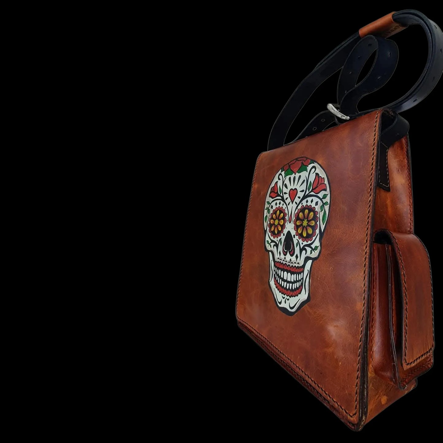 Handmade dark leather bag with a painted skull - AG Design, Arad, Romania