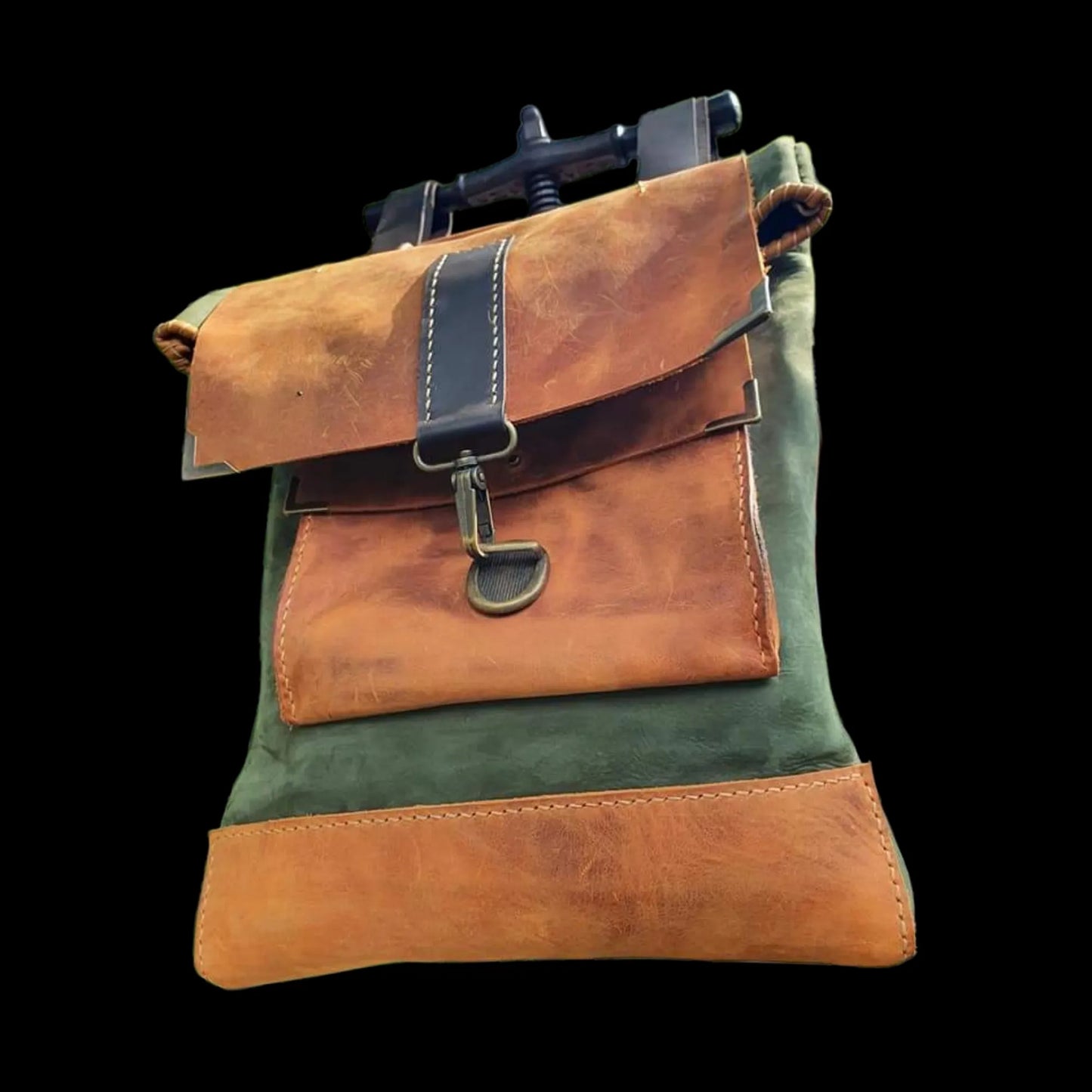 Handmade small brown and green leather bag with a flap - AG Design, Arad, Romania