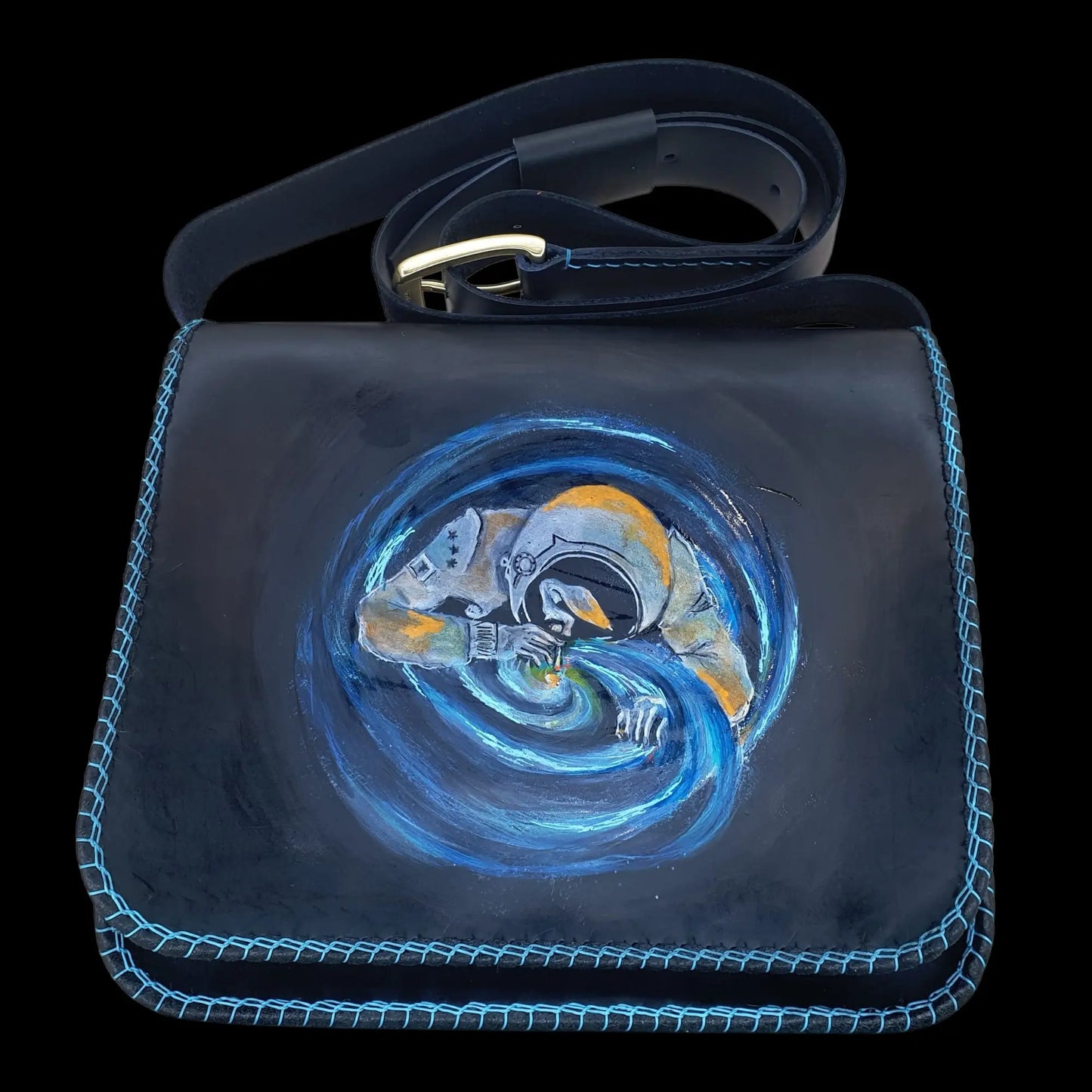 Handmade dark blue leather bag with a painted spiral motif - AG Design, Arad, Romania