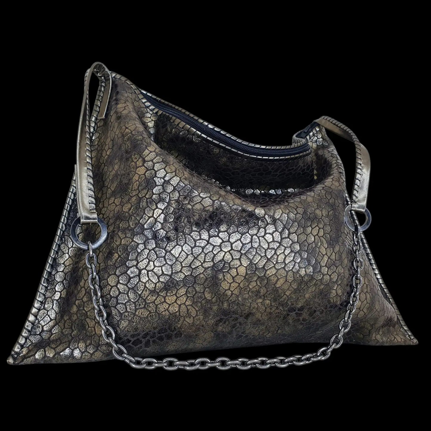 Handmade grey leather bag with a textured embossed surface - AG Design, Arad, Romania