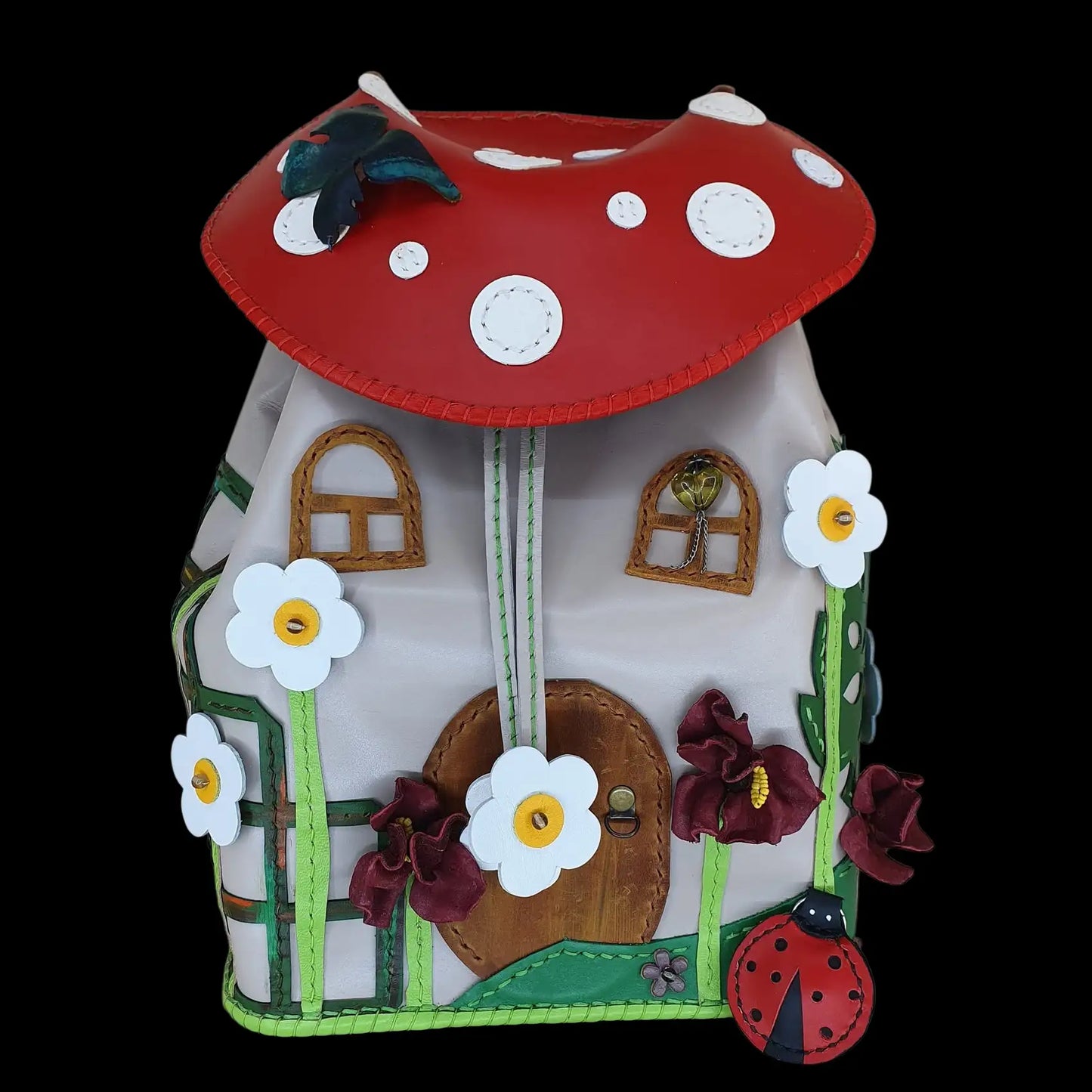 Handmade leather bag shaped like a toadstool house, mostly white (other angle) - AG Design, Arad, Romania