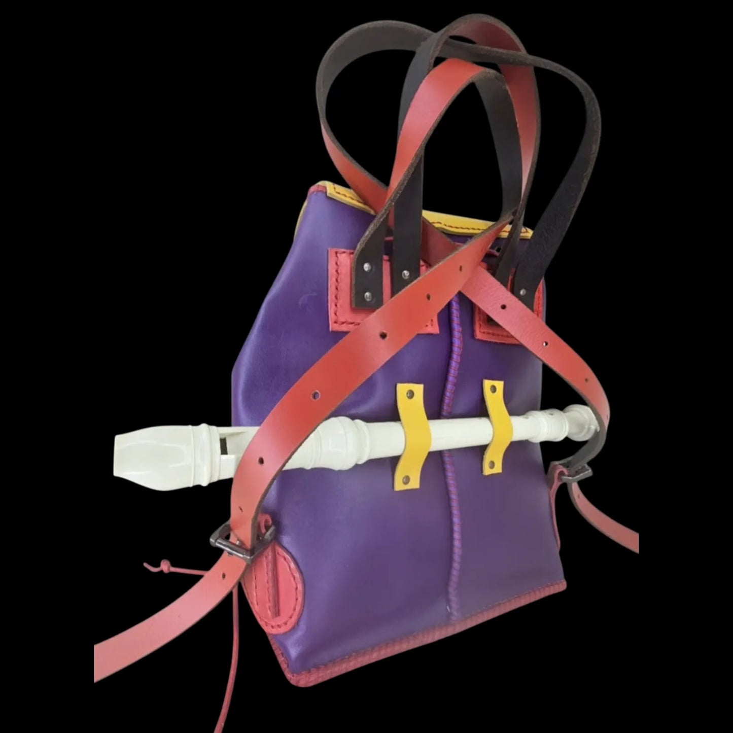 Handmade multicolour leather backpack with stitched Van Gogh patchwork in violet, yellow, orange and turquoise - AG Design, Arad, Romania