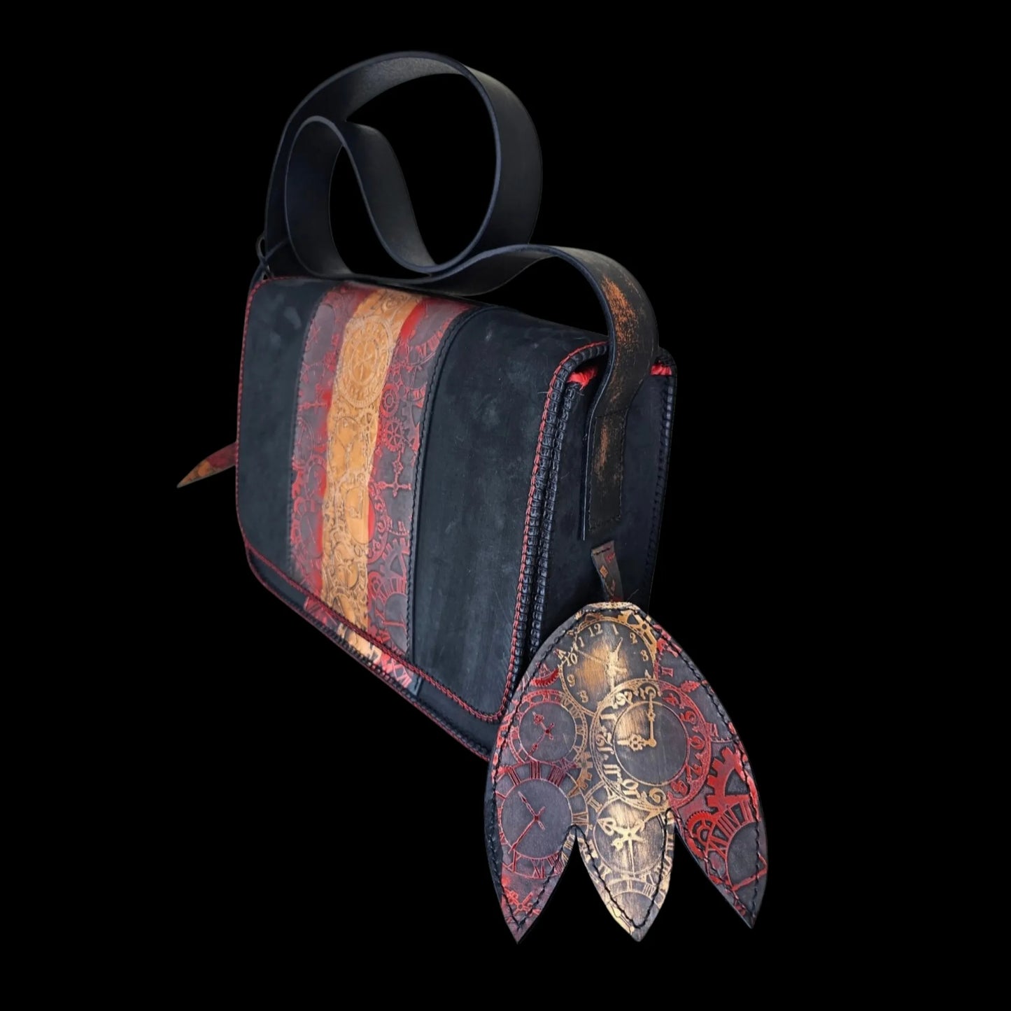 Handmade dark leather bag with multiple painted watch faces - AG Design, Arad, Romania