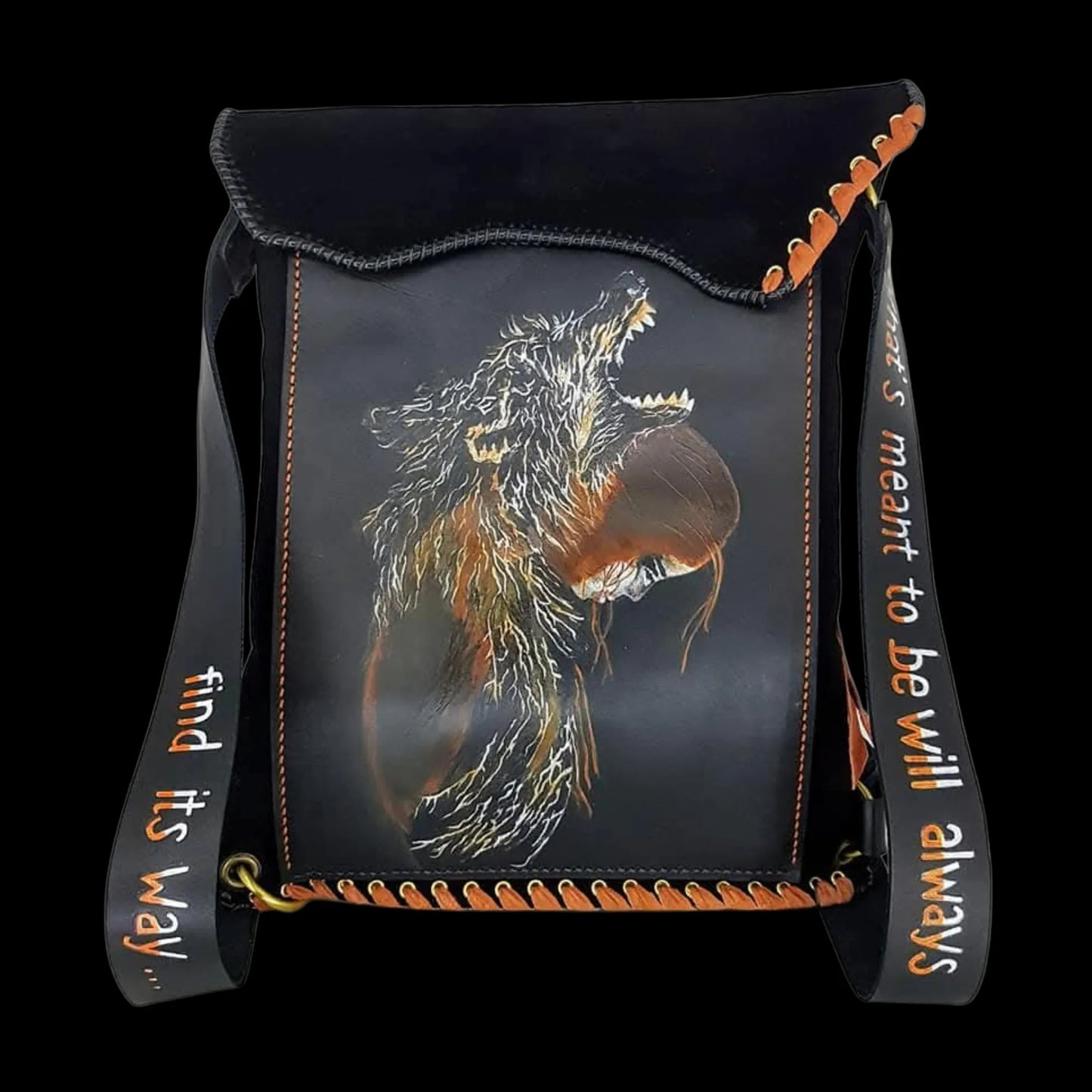 Handmade black leather bag with a painted wolf and woman - AG Design, Arad, Romania