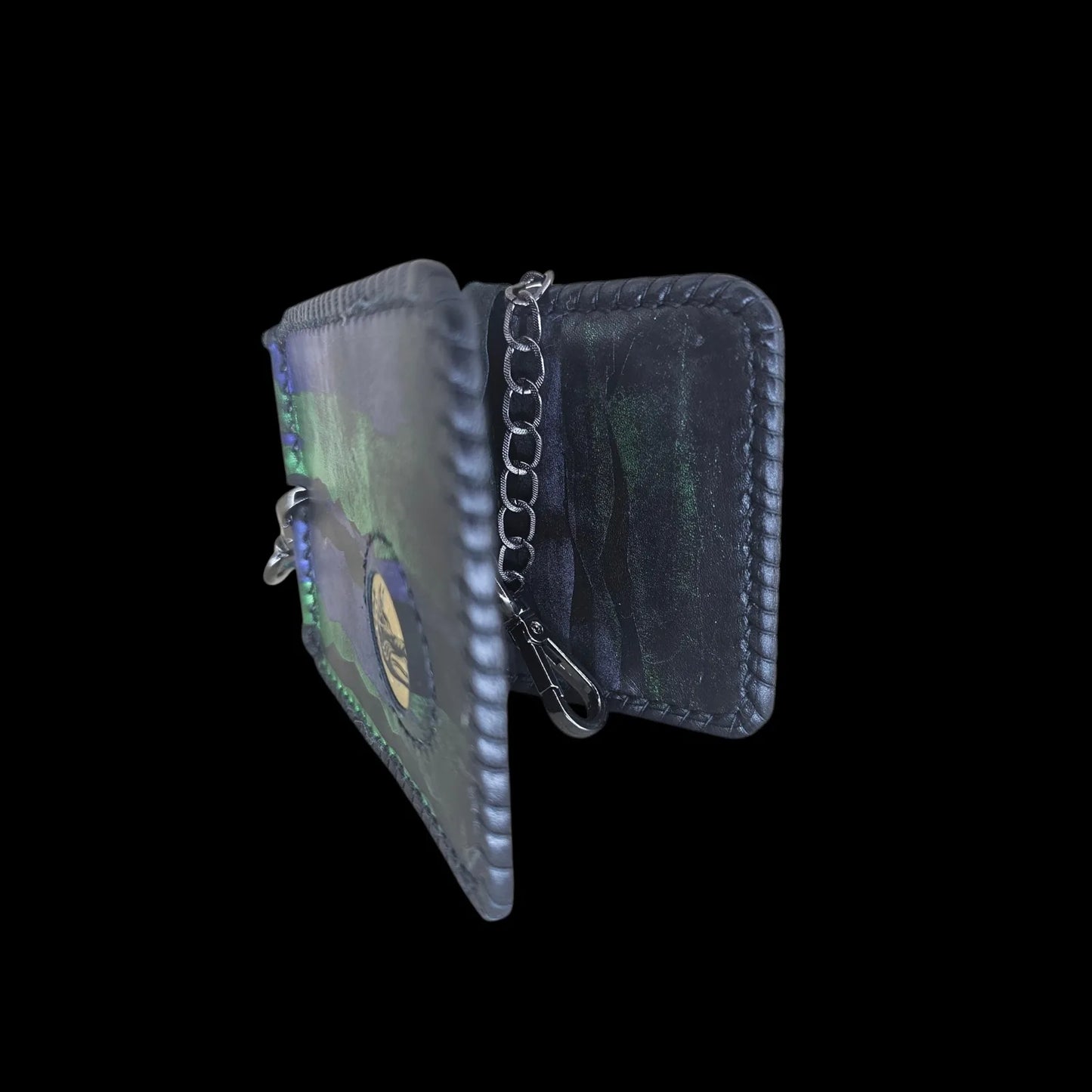 Handmade black leather wallet with an abstract green, royal-blue and black design with a central Dacian wolf seal - AG Design, Arad, Romania
