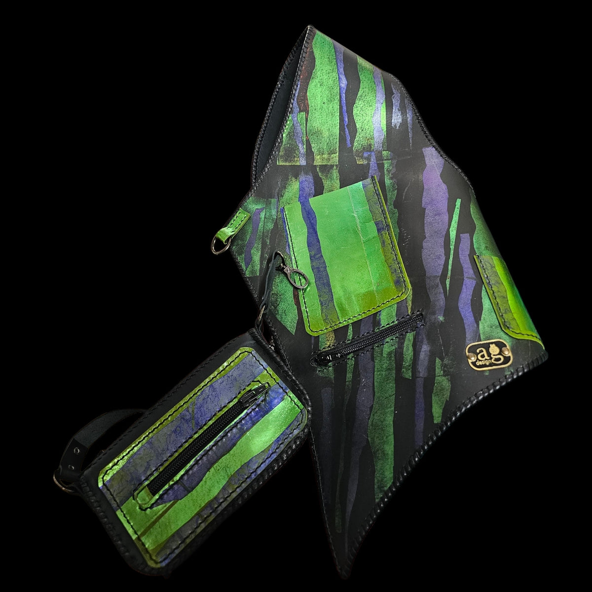 Handmade leather vest bag with two faces, green and violet on one side, black on the other - AG Design, Arad, Romania