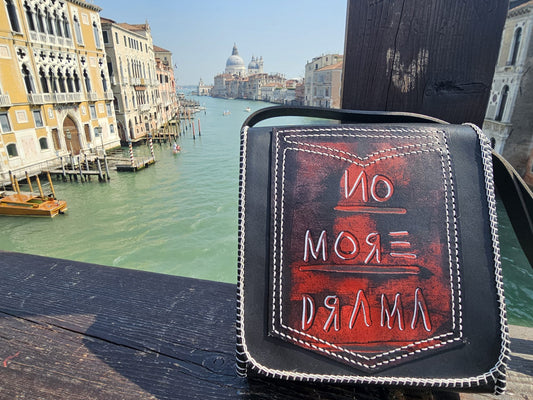 Black leather bag with hand-painted lettering, photographed on the Grand Canal in Venice - AG Design, Arad, Romania