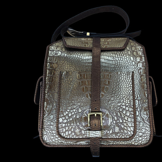Handmade brown crocodile-embossed leather crossbody bag with front buckle strap and pocket - AG Design, Arad, Romania