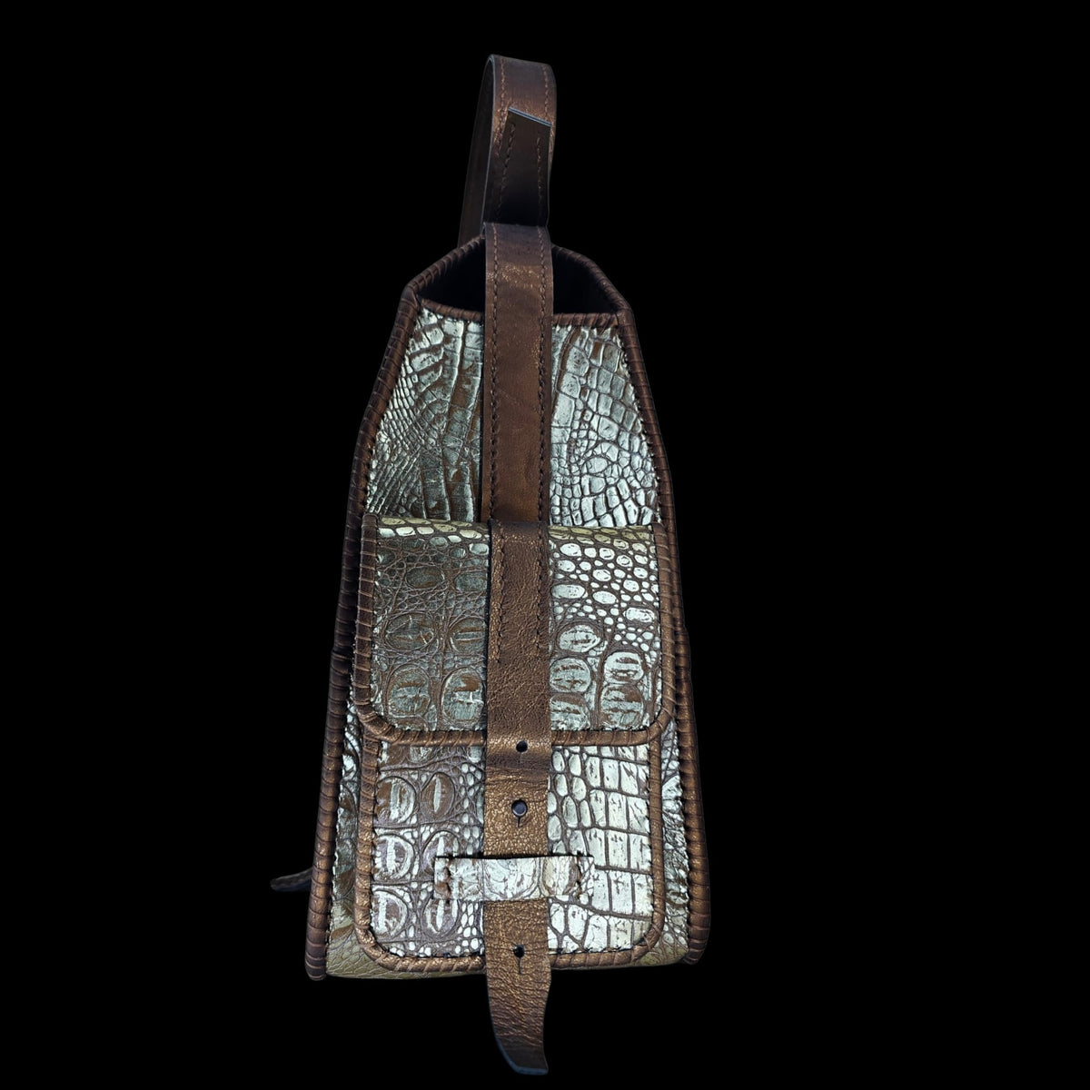 Side profile of a handmade crocodile-embossed leather crossbody bag highlighting the front flap pocket and buckle - AG Design, Arad, Romania