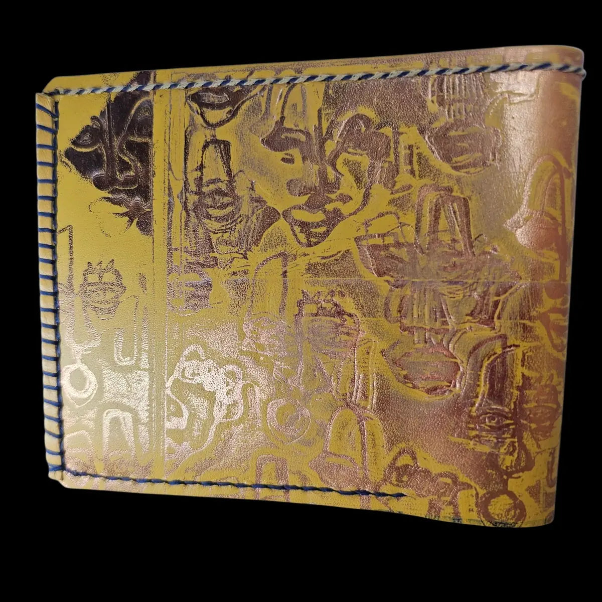 Handmade navy leather wallet with abstract faces in yellow and navy with copper reflections - AG Design, Arad, Romania