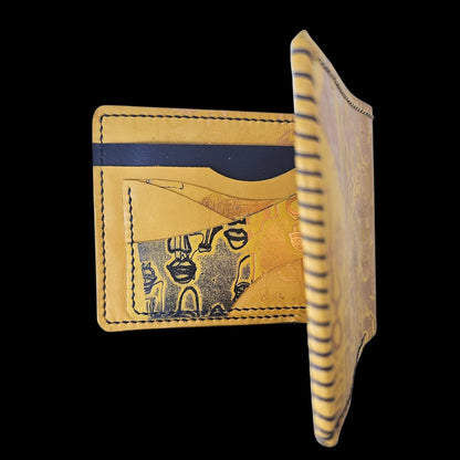 Handmade navy leather wallet with abstract faces in yellow and navy with copper reflections - AG Design, Arad, Romania
