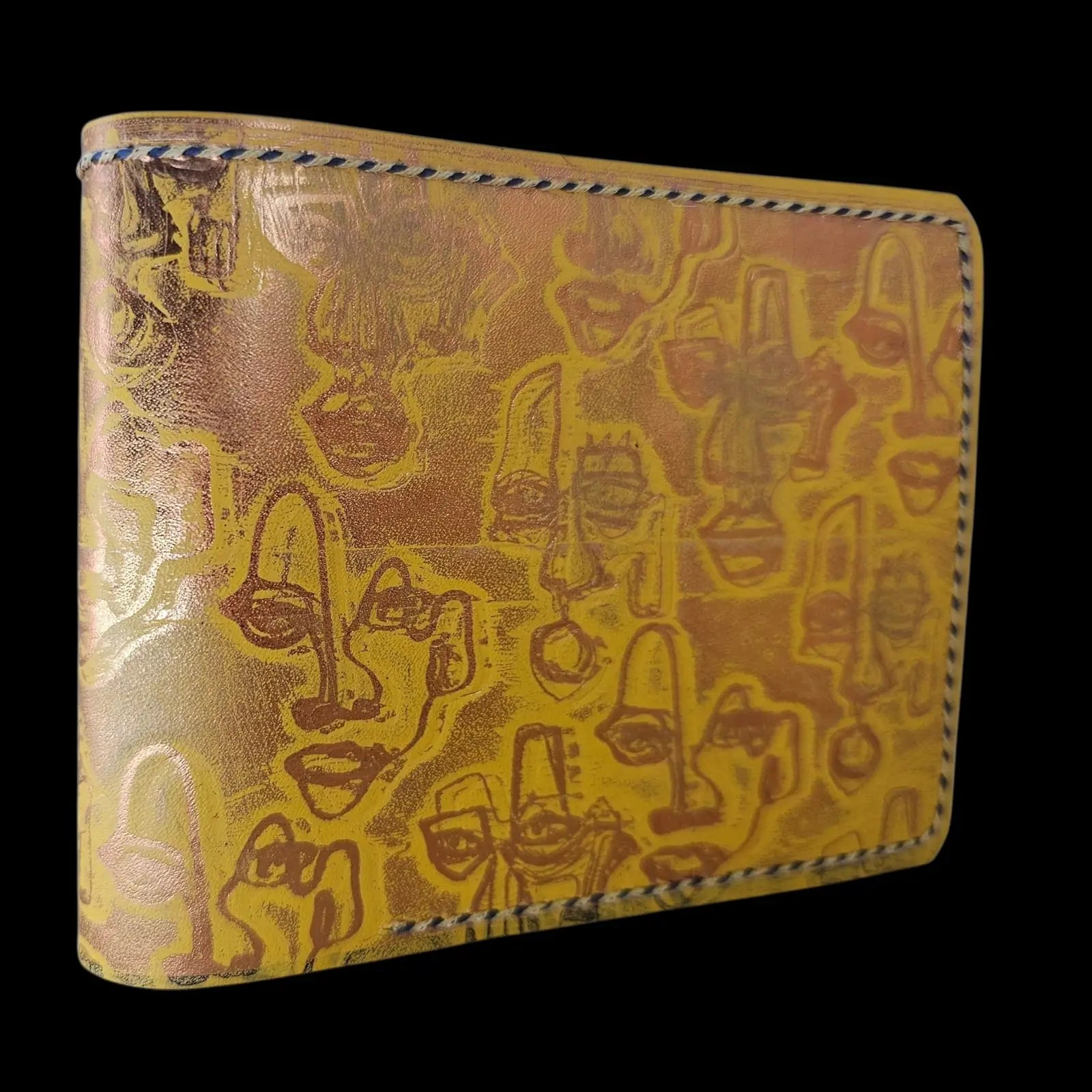 Handmade navy leather wallet with abstract faces in yellow and navy with copper reflections - AG Design, Arad, Romania