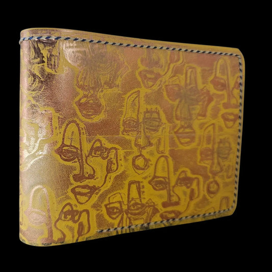 Handmade navy leather wallet with abstract faces in yellow and navy with copper reflections - AG Design, Arad, Romania
