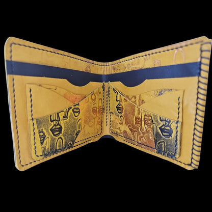 Handmade navy leather wallet with abstract faces in yellow and navy with copper reflections - AG Design, Arad, Romania