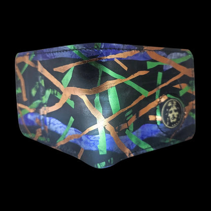 Handmade black leather wallet with abstract green, cobalt and bronze strokes and a central metal medallion - AG Design, Arad, Romania
