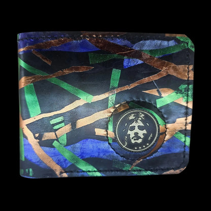 Handmade black leather wallet with abstract green, cobalt and bronze strokes and a central metal medallion - AG Design, Arad, Romania