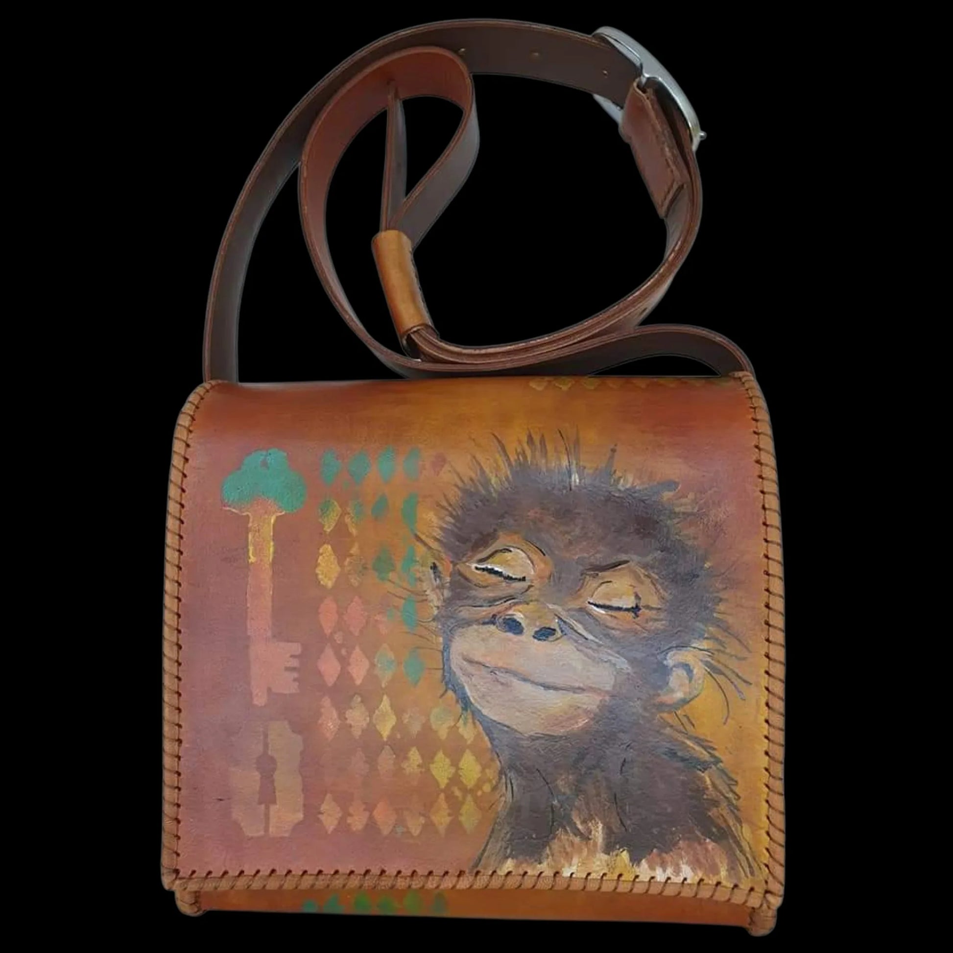 Handmade orange leather bag with a painted monkey face - AG Design, Arad, Romania