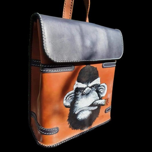 Handmade orange leather purse with a painted monkey face - AG Design, Arad, Romania