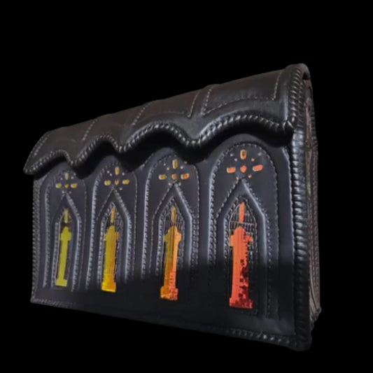 Handmade dark leather bag with embossed gothic arches and colour - AG Design, Arad, Romania