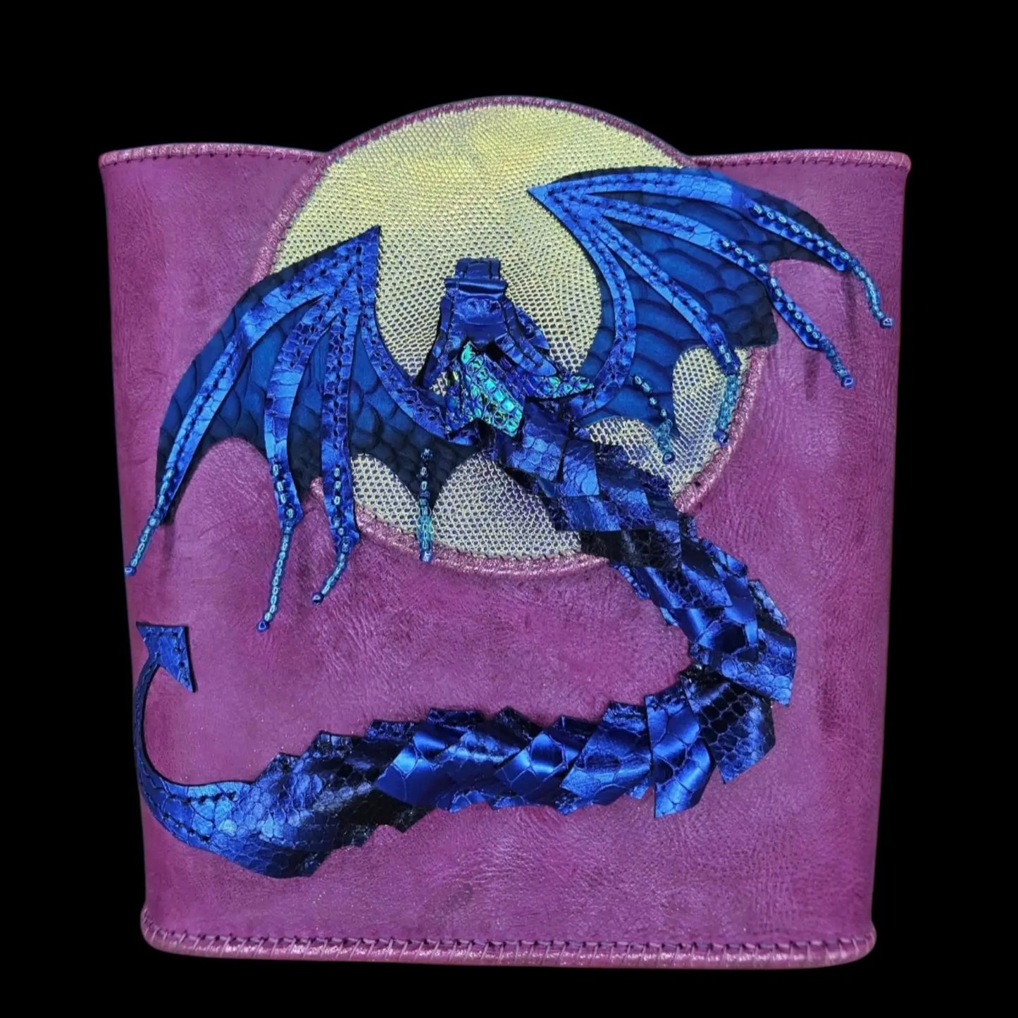 Handmade purple leather bag with a metallic blue dragon before a full moon - AG Design, Arad, Romania