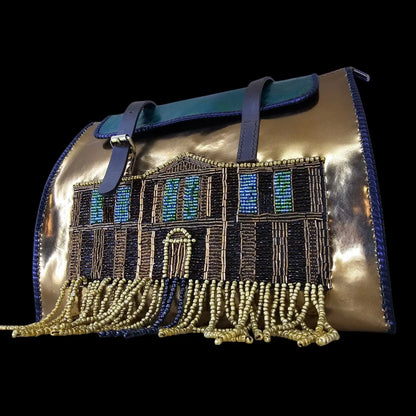 Handmade gold leather shoulder bag with hand-sewn beadwork, a stained-glass building and hanging fringe - AG Design, Arad, Romania