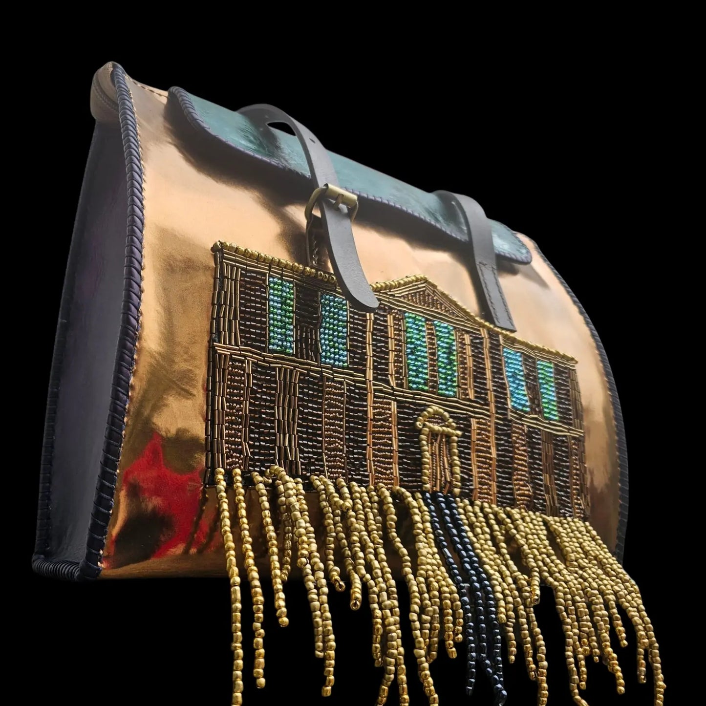 Handmade gold leather shoulder bag with hand-sewn beadwork, a stained-glass building and hanging fringe - AG Design, Arad, Romania