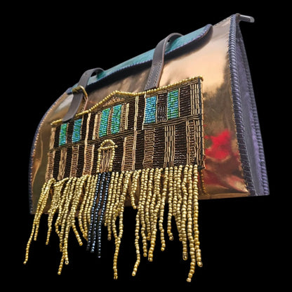 Handmade gold leather shoulder bag with hand-sewn beadwork, a stained-glass building and hanging fringe - AG Design, Arad, Romania