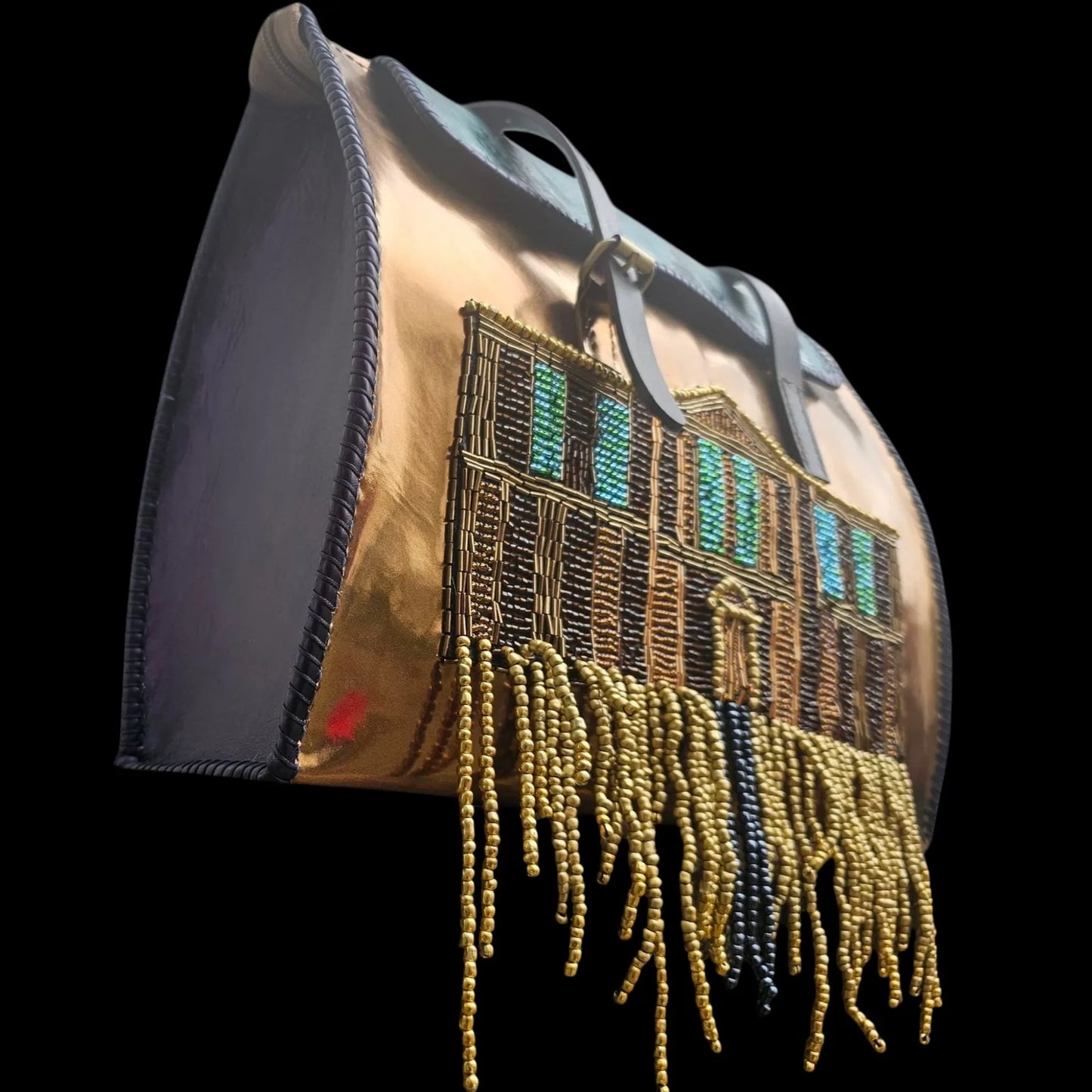 Handmade gold leather shoulder bag with hand-sewn beadwork, a stained-glass building and hanging fringe - AG Design, Arad, Romania