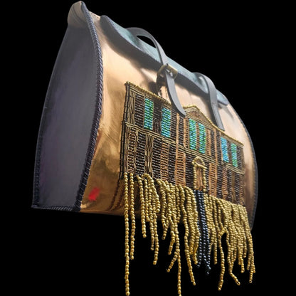 Handmade gold leather shoulder bag with hand-sewn beadwork, a stained-glass building and hanging fringe - AG Design, Arad, Romania