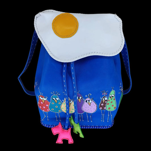Handmade blue leather backpack with colourful painted birds - AG Design, Arad, Romania
