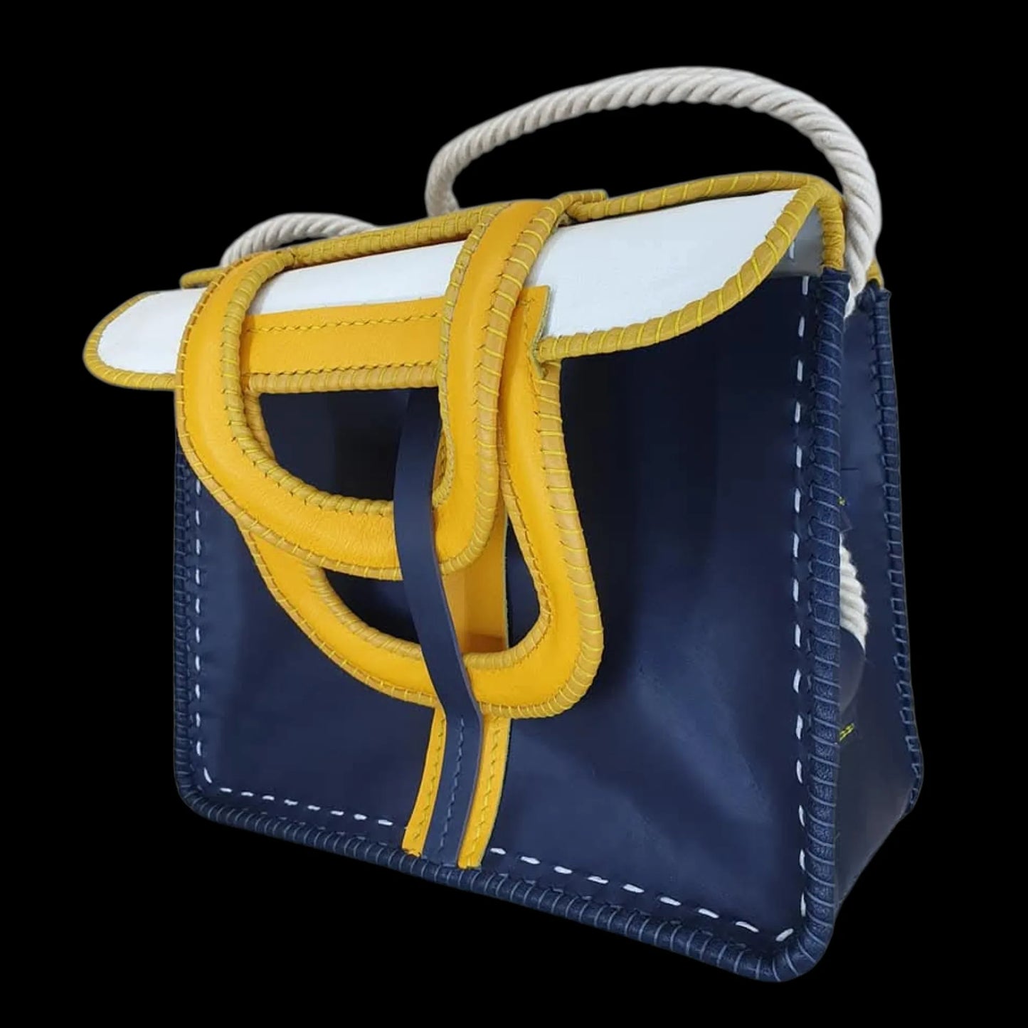 Handmade blue leather bag with yellow cord handles - AG Design, Arad, Romania