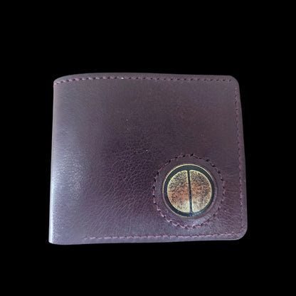 Handmade burgundy leather wallet with a metal medallion of Brancusi's Gate of the Kiss eyes - AG Design, Arad, Romania