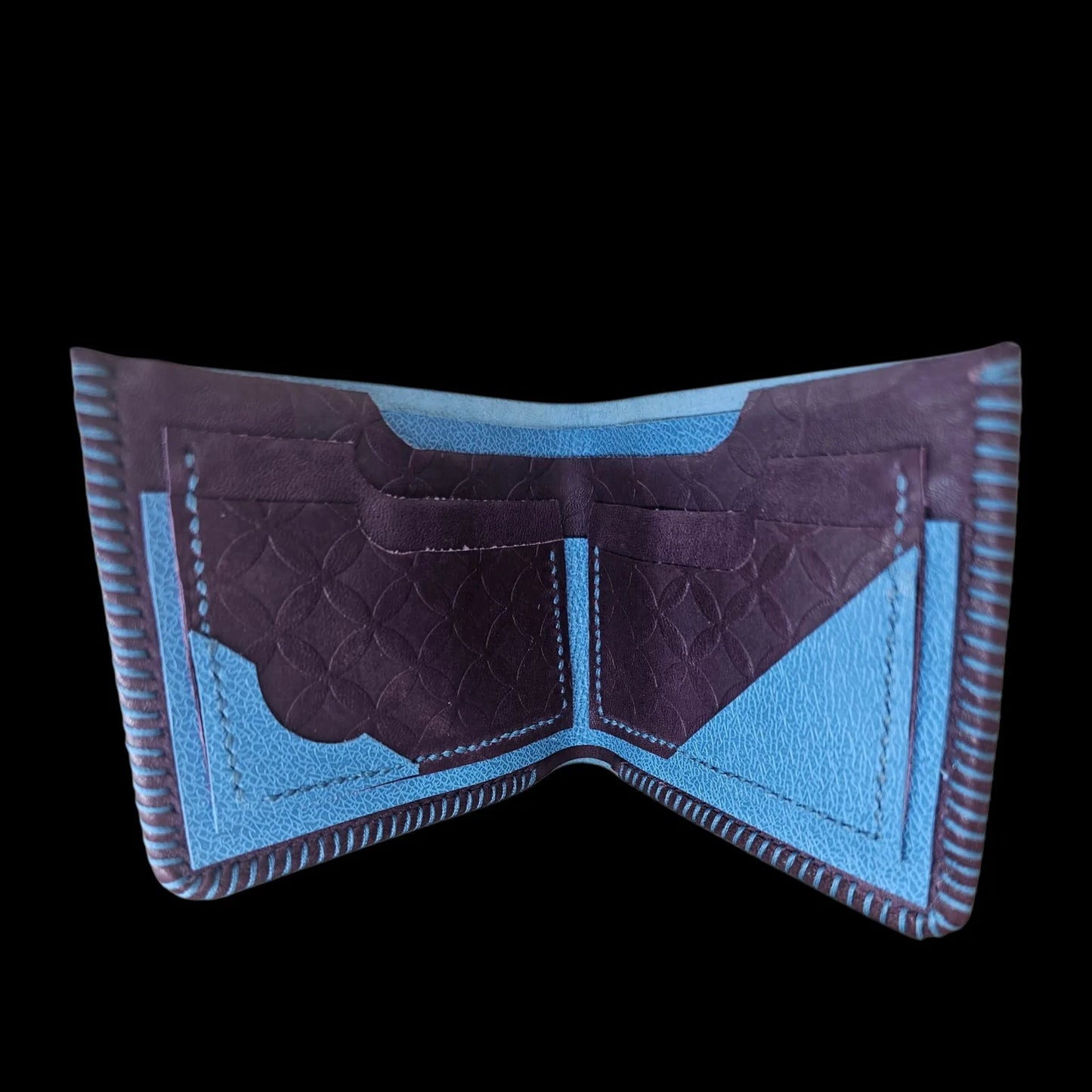 Handmade burgundy leather wallet with an embossed geometric texture in burgundy with light-blue accents - AG Design, Arad, Romania