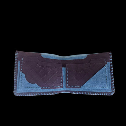 Handmade burgundy leather wallet with an embossed geometric texture in burgundy with light-blue accents - AG Design, Arad, Romania