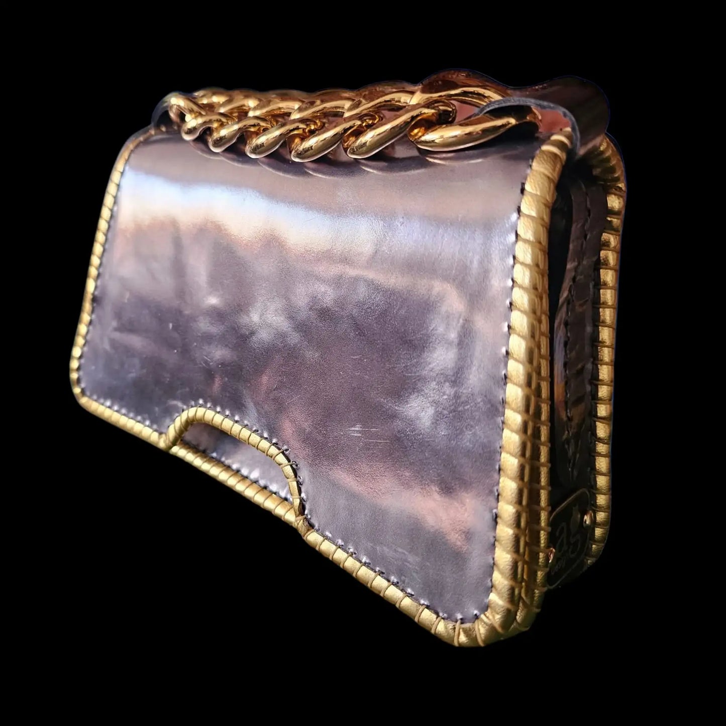 Handmade purple-brown glossy leather bag with a chain strap - AG Design, Arad, Romania