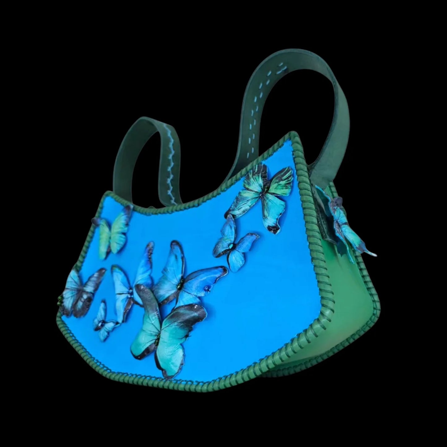 Handmade blue leather handbag with blue and green leather with a photo transfer of butterflies - AG Design, Arad, Romania