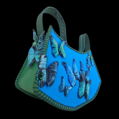 Handmade blue leather handbag with blue and green leather with a photo transfer of butterflies - AG Design, Arad, Romania