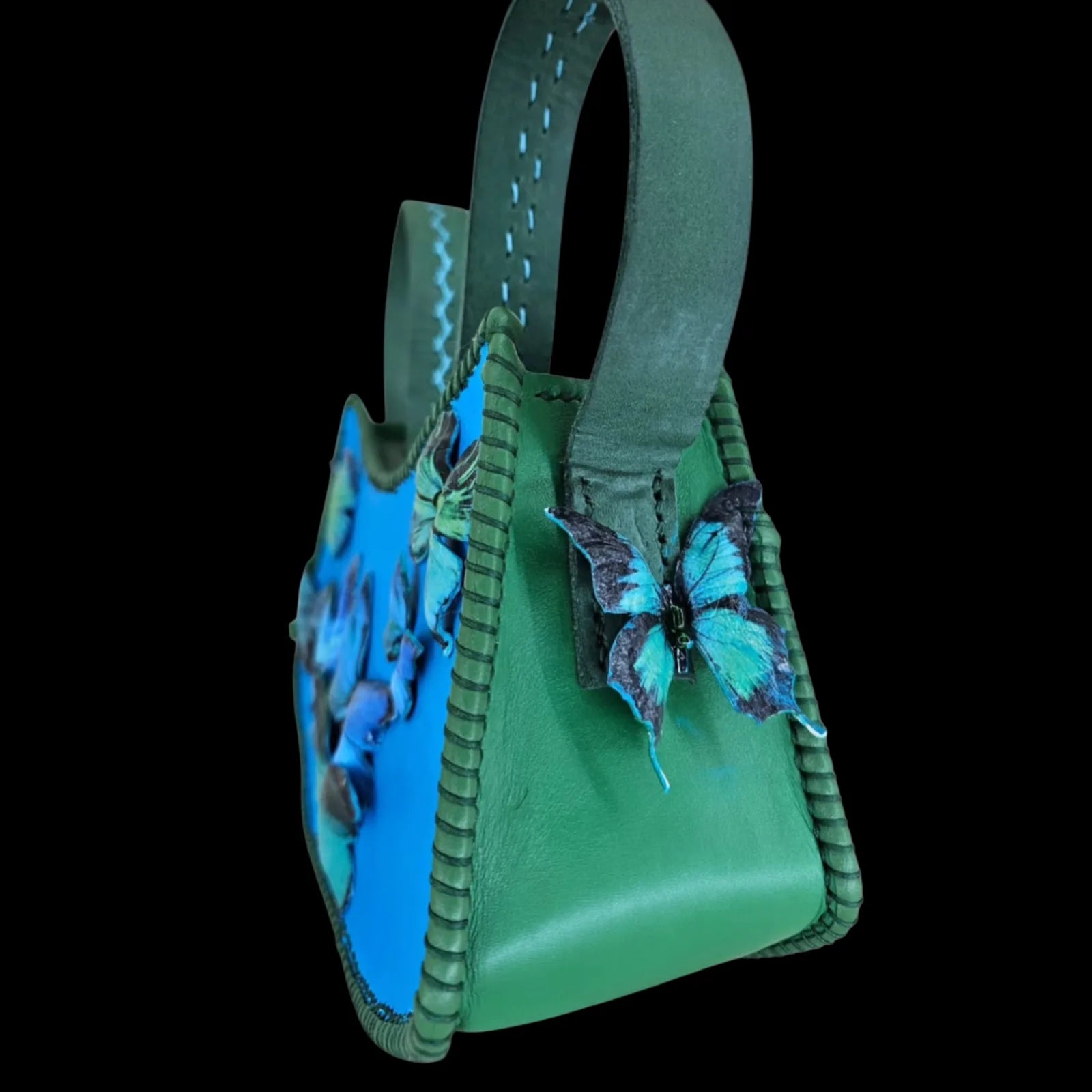 Handmade blue leather handbag with blue and green leather with a photo transfer of butterflies - AG Design, Arad, Romania