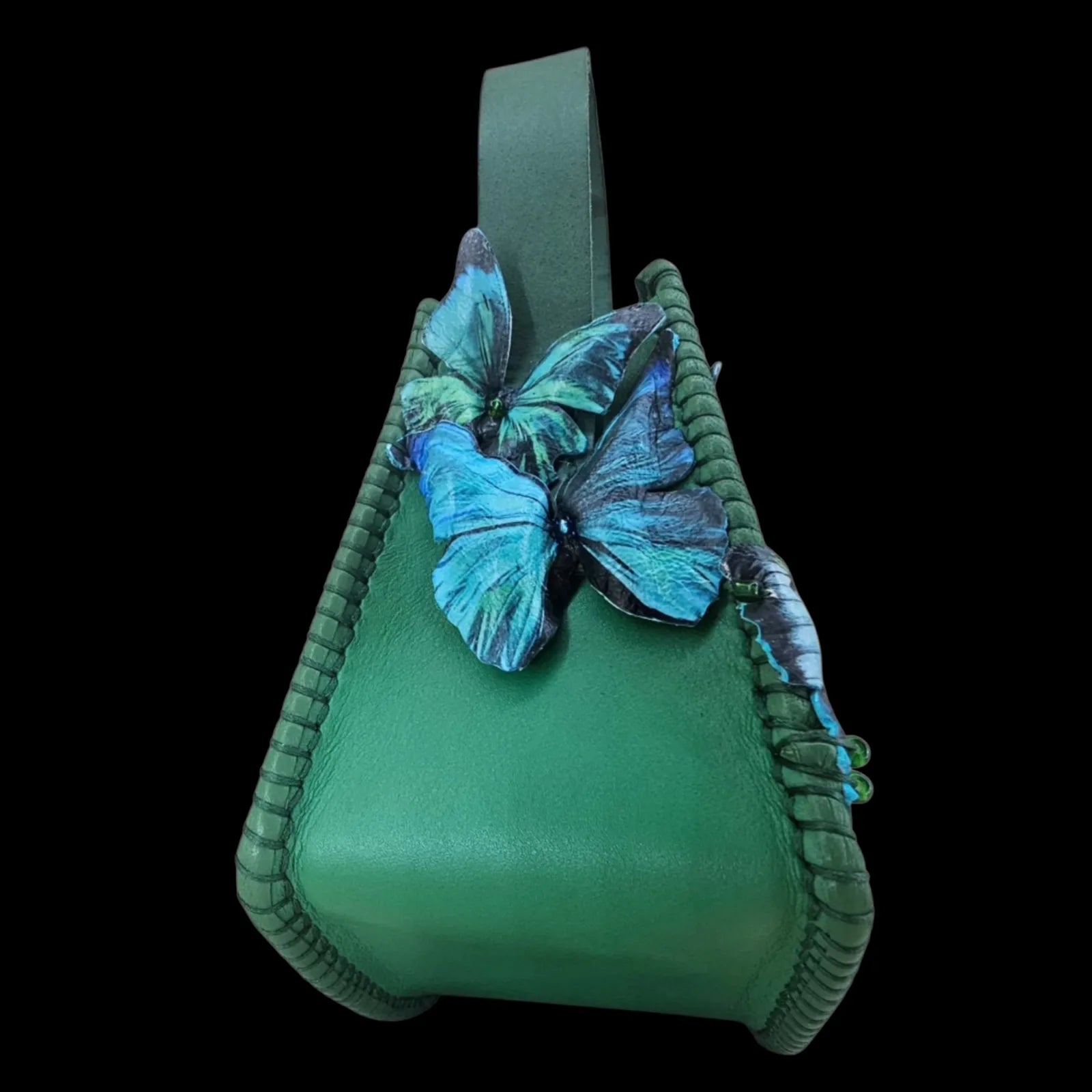 Handmade blue leather handbag with blue and green leather with a photo transfer of butterflies - AG Design, Arad, Romania