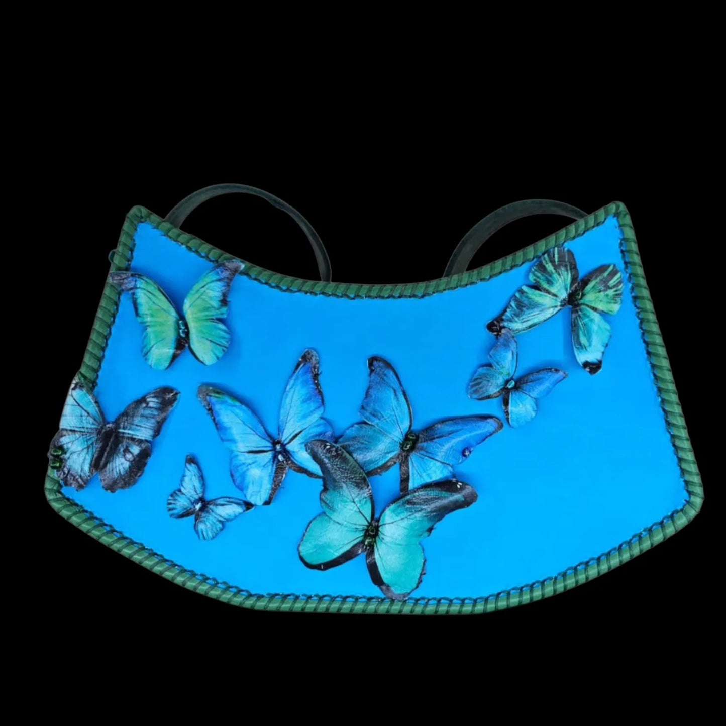 Handmade blue leather handbag with blue and green leather with a photo transfer of butterflies - AG Design, Arad, Romania