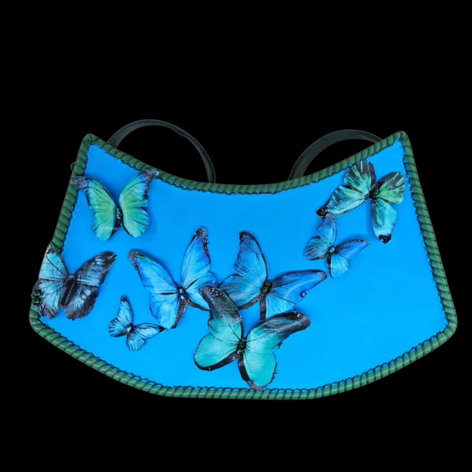 Handmade blue leather handbag with blue and green leather with a photo transfer of butterflies - AG Design, Arad, Romania