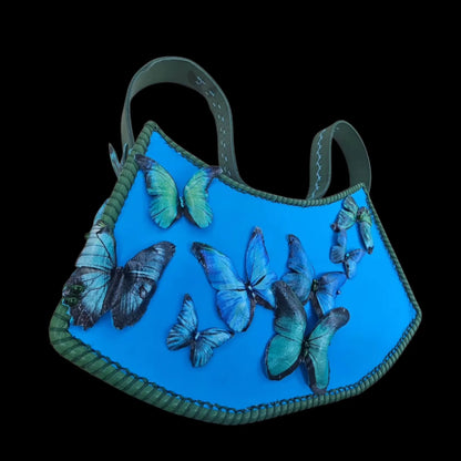 Handmade blue leather handbag with blue and green leather with a photo transfer of butterflies - AG Design, Arad, Romania