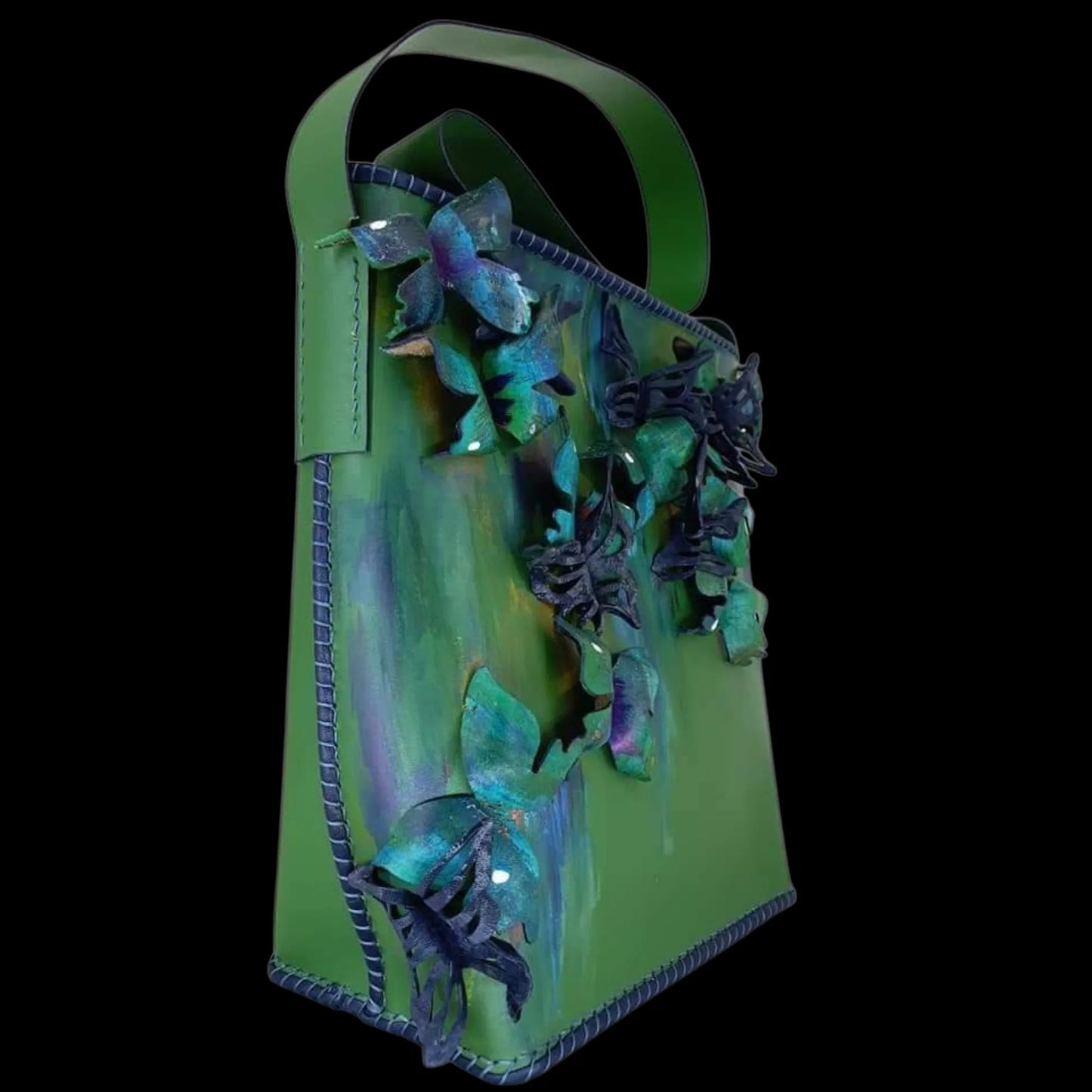 Handmade green leather purse with applied leather butterflies - AG Design, Arad, Romania