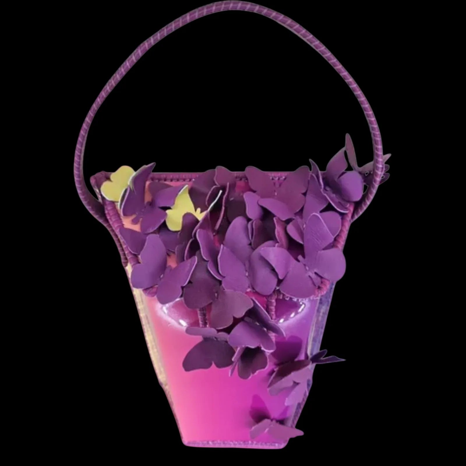 Handmade fuchsia leather shoulder bag with fuchsia and violet leather with applied 3D leather butterflies - AG Design, Arad, Romania