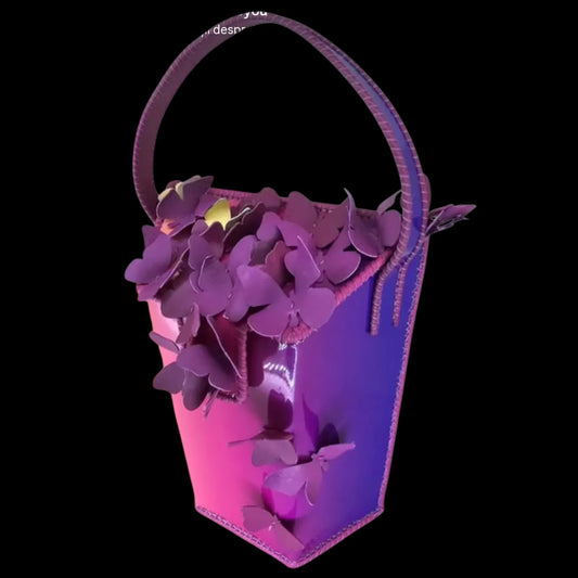 Handmade fuchsia leather shoulder bag with fuchsia and violet leather with applied 3D leather butterflies - AG Design, Arad, Romania