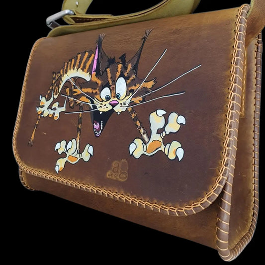 Handmade tan leather flap bag with a painted cat - AG Design, Arad, Romania