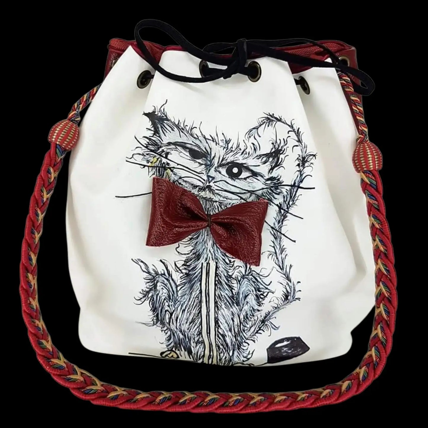 Handmade white leather bucket bag with a painted cat - AG Design, Arad, Romania