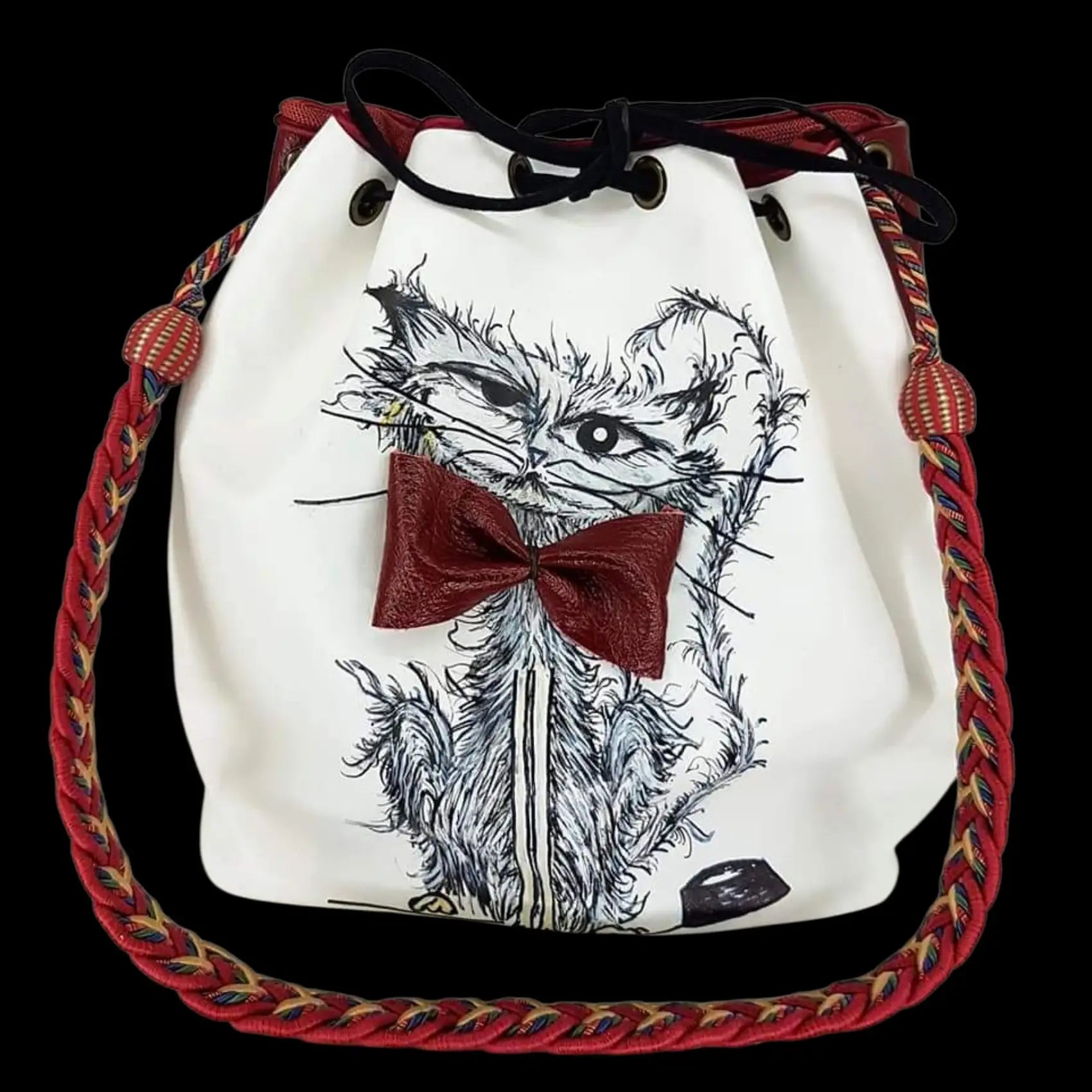 Handmade white leather bucket bag with a painted cat - AG Design, Arad, Romania
